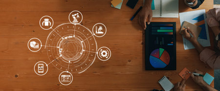 Predictive maintenance icons for industry, automation, smart factory and manufacturing showing data...