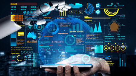 AI artificial intelligence drives data analytics with predictive models, smart dashboards, and...