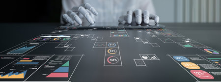 An AI powered big data visualization and business analytics grid. A complex collection of AI charts...