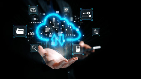 A modern concept representing cloud computing, showcasing data transfer and security icons in a...