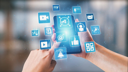 Content marketing interface with data dashboards, analytics charts, and content tools. Marketing...