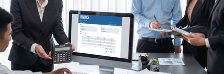 Invoice on computer screen from accounting application. Computer program for financial and budget of corporate business. brisk.の写真素材