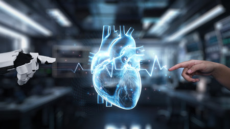 Robot and human reaching hand and pointing finger with heart holographic floating. Close up of robot...