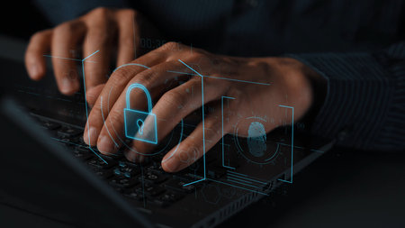 Digital cyber security lock system highlighting data security encryption, cyber password protection,...