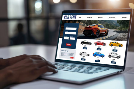 car rental website on computer screen for tourist to rent a car for transportation briskの素材