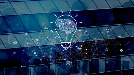 AI innovation with neural network and digital transformation. AI innovation drives automation,...