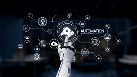 A robotic hand points towards various automation icons, symbolizing the intersection of technology...