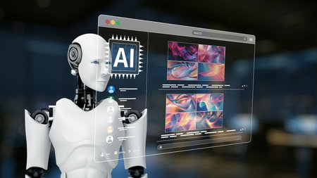 A futuristic robot engages with a sophisticated AI interface, displaying vibrant abstract images on...