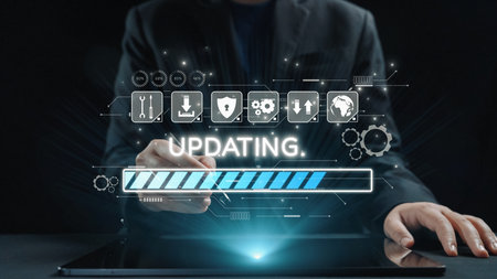 A professional businessman focuses on a digital update process with a futuristic interface and...