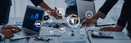 A dynamic business environment showcases collaboration among professionals focused on cybersecurity...