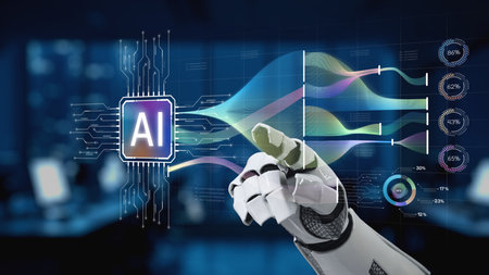 A detailed representation of a robotic hand interacting with an AI interface, showcasing vibrant data visualizations and modern technological advancements in a digital workspace. Synapseのeditorial素材