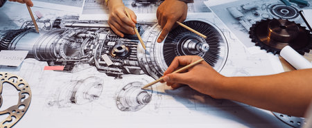 Engaged hands of a diverse team discussing and analyzing detailed technical drawings of turbine engine components, highlighting collaboration in engineering design.の写真素材