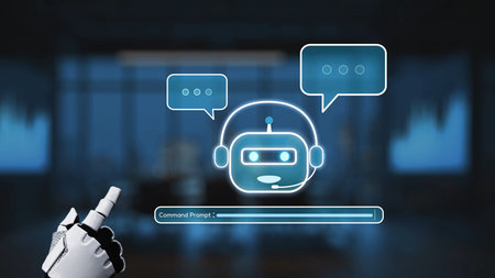 A futuristic robot assistant interacts through speech bubbles in a modern office, showcasing...