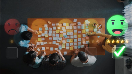 A vibrant team engages in a brainstorming session using sticky notes to share ideas and gather...