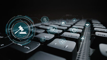Futuristic digital law interface displaying justice scale, highlighting digital law, AI compliance,...