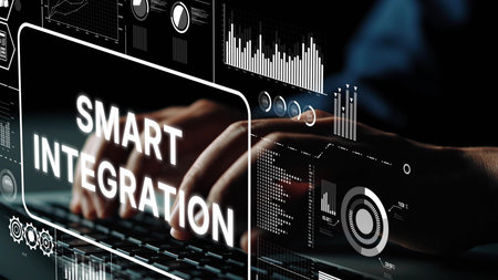 Hands Typing on Keyboard with Smart Integration Concept Displayed on Screen, Futuristic Digital...