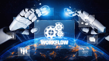 AI streamlines business workflows by automating repetitive tasks, enhancing team coordination, and optimizing structured processes for greater operational efficiency.の写真素材