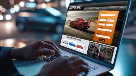 car rental website on computer screen for tourist to rent a car for transportation briskの素材