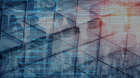 A futuristic abstract digital background showcases bright blue code intertwined with silhouettes of...