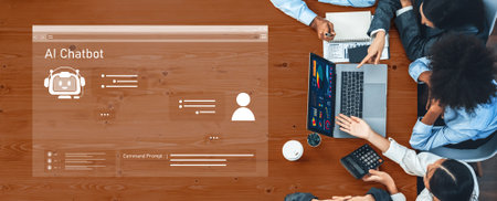 A diverse group of professionals collaborates in a modern office setup, engaging with an AI chatbot...