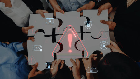 A group of individuals collaborating to solve a cybersecurity dilemma, illustrated by puzzle pieces...