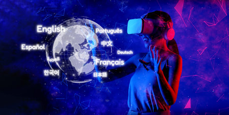 Excited smiling Asian woman looking around through VR metaverse with pointing on blue neon digital...