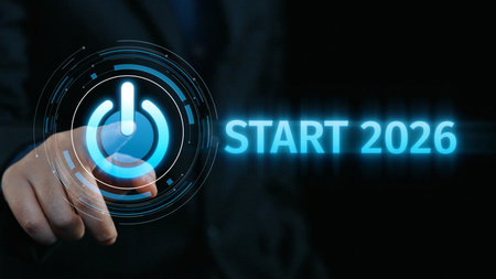 Start 2025 concept with futuristic power button symbolizing fresh beginnings, innovation, and...