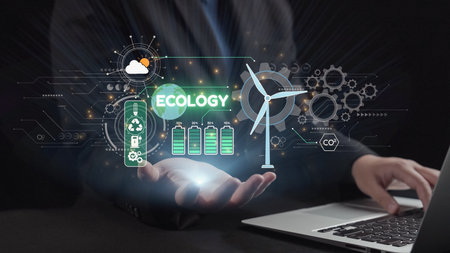 A business professional presents a digital ecology concept featuring wind turbines, battery icons....