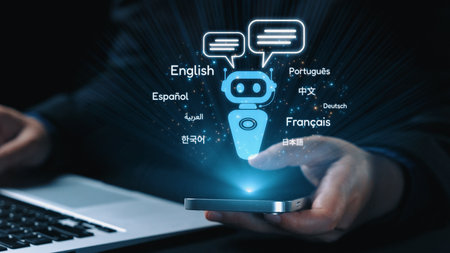 Global communication with multiple languages, digital translation tools, multilingual technology,...