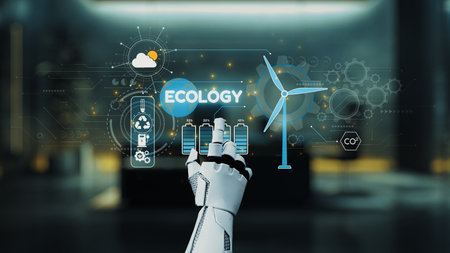 A robotic hand reaches towards various digital ecology symbols, illustrating the intersection of...