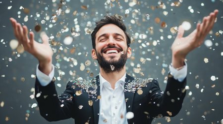 A joyful man in a stylish suit celebrates indoors, throwing confetti with a bright smile. This vibrant scene captures the essence of happiness and festive spirit.の素材