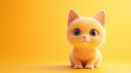 This adorable orange kitten features big, expressive eyes and soft fur. The cheerful yellow background enhances the warmth and playfulness of this charming pet portrait.の素材