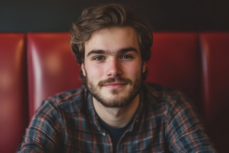 A portrait of a young man with a beard, exuding confidence and warmth while seated in a cozy cafe. The relaxed atmosphere enhances his friendly expression.の素材