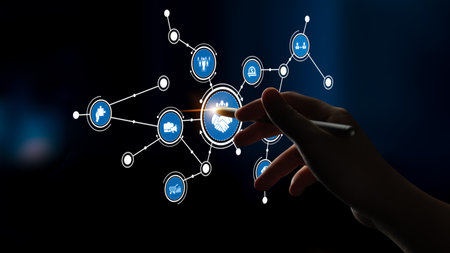 A hand reaches toward a digital network of interconnected icons, symbolizing technology, business,...