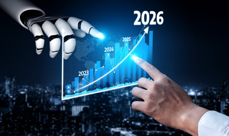 A conceptual image showing the interaction between a robotic hand and a human hand, visualizing a...