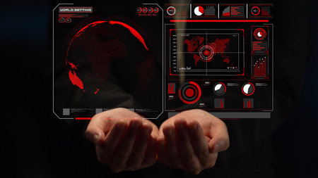 High-tech global network connection interface showing worldwide digital communication, data...