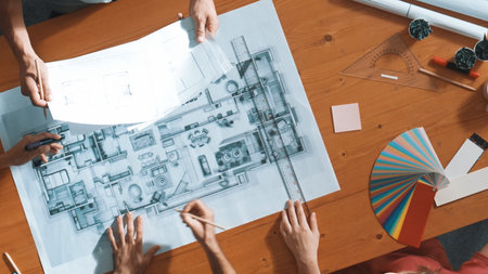 Top down view of manager looking at document while team planing building. Aerial view of skilled...