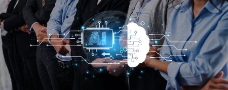 Concept of artificial intelligence and machine learning. A central processor transfers information...