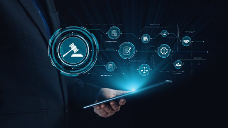 Futuristic digital law interface displaying justice scale, highlighting digital law, AI compliance,...