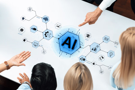 A concept of a comprehensive AI business suite. This integrated platform provides tools for all...