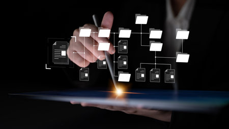 Digital file structure showing folder organization, file hierarchy, and document arrangement. File...