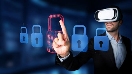 A man wearing a virtual reality headset interacts with digital locks, symbolizing the connection...