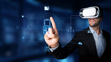 A businessman experiencing virtual reality while interacting with a futuristic interface...