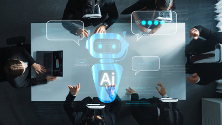 A diverse team engages in a discussion about AI technology and chatbot interaction at a modern...