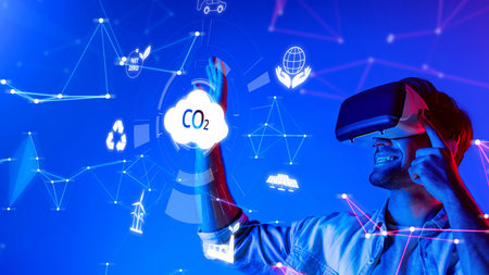 A man engages with virtual reality to explore concepts of sustainability and climate action,...