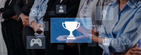 A diverse group of professionals stands together in an office, celebrating their achievement with a...