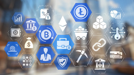 Cryptocurrency enables digital finance with decentralized DeFi systems. Cryptocurrency markets grow through blockchain, and cryptocurrency ledger transactions offer secure finance and NFT innovation.の写真素材