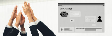 Hands raised in collaboration toward a computer screen with an AI chatbot interface symbolize...