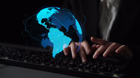 Global network connection visualization showing data exchange, digital link, worldwide communication. Global data flow and digital network infrastructure connecting regions around the world. Thunkの写真素材