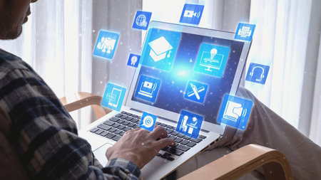 Online education icons show e-learning, online education classes, and digital study. Online...